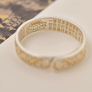 Buddha Gift 999 Sterling Silver Gold-Painted Joyful Flower Pattern Peaceful Heart Sutra Ring