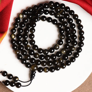 Buddha Gift 108 Mala Beads Natural Gold Sheen Obsidian Wealth Bracelet