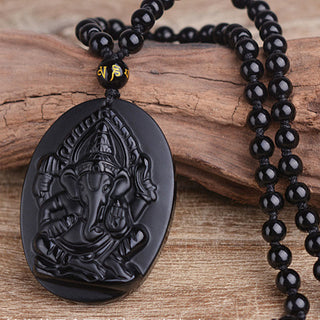Buddha Gift Tibetan Obsidian Ganesh Ganpati Elephant Wealth Amulet Necklace
