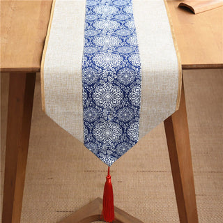Buddha Gift Classic Chinese Style Lotus Koi Fish Flower Crane Calligraphy Enlightenment Cotton Linen Tassels Table Runner