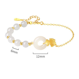 Buddha Gift 925 Sterling Silver Hetian White Jade Peace Buckle Ginkgo Leaf Luck Bracelet