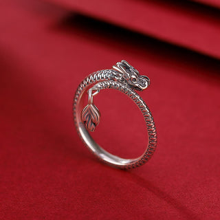 Buddha Gift 925 Sterling Silver Vintage Year of the Dragon Luck Protection Strength Adjustable Ring
