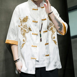 Buddha Gift Frog-Button Chinese Dragon Embroidery Half Sleeve Shirt Linen Men Clothing