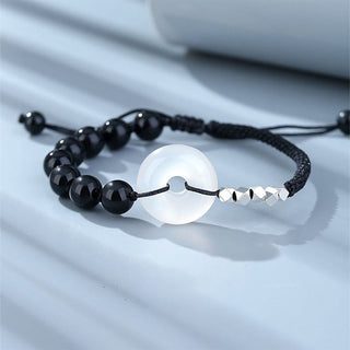 Buddha Gift 925 Sterling Silver Black Obsidian Agate Peace Buckle Strength Bracelet