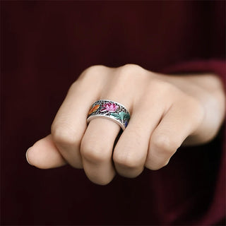 Buddha Gift Copper Blue Enamel Lotus Heart Sutra Koi Fish Luck Ring