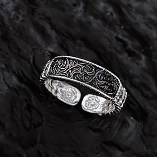 Buddha Gift Tang Dynasty Flower Design Engraved Copper Luck Cuff Bracelet Bangle Adjustable Ring