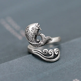 Buddha Gift 925 Sterling Silver Koi Fish Water Ripple Luck Wealth Ring