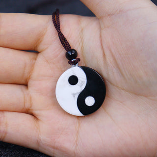 Buddha Gift Natural Black Obsidian White Turquoise Yin Yang Fulfilment Strength Necklace Pendant
