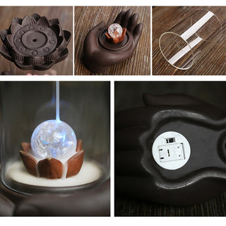 Buddha Gift Buddha Hand Lotus Enlightenment LED Light Purple Clay Ceramic Incense Burner Decoration