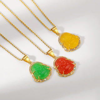 Buddha Gift 18K Gold Filled Laughing Buddha Jade Luck Necklace Chain Pendant