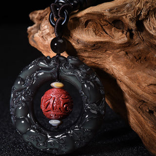 Buddha Gift FengShui Natural Rainbow Obsidian PiXiu Cinnabar Healing Necklace Pendant