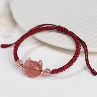 Buddha Gift Handmade Natural Silver Sheen Obsidian Strawberry Quartz Cute Cat Protection Braided Bracelet