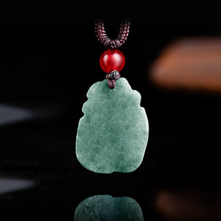 Buddha Gift Natural Green Jade Nine Tailed Fox Engraved Prosperity Necklace Pendant