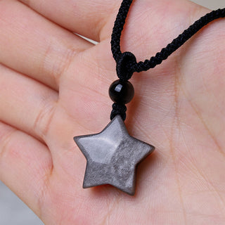 Buddha Gift Natural Silver Sheen Obsidian Star Crescent Moon Protection Necklace Pendant