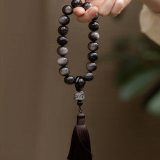 Buddha Gift Natural Silver Sheen Obsidian Black Obsidian Lion Wrist Mala Protection Tassels Pocket Mala Car Decoration