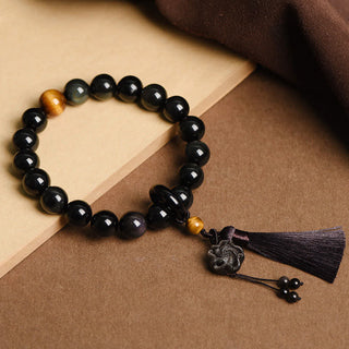 Buddha Gift Natural Black Obsidian Lion Wrist Mala Protection Tassels Pocket Mala Car Decoration