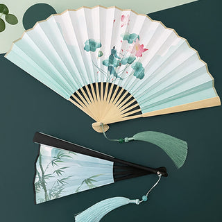 Buddha Gift Retro Lotus Flower Leaf Mountain Lake Handheld Folding Fan With Bamboo Frames