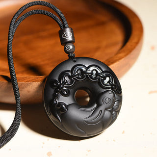 Buddha Gift Chinese Zodiac Natural Black Obsidian Peace Buckle Strength Necklace Pendant