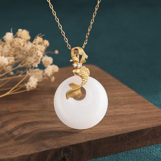 Buddha Gift White Jade Koi Fish Wealth Prosperity Necklace Pendant