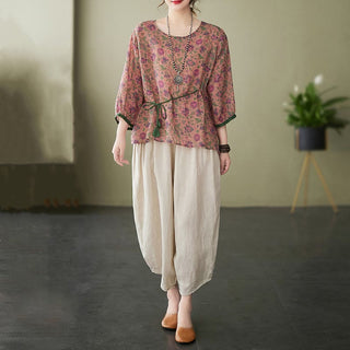 Buddha Gift 2Pcs Small Flower Tee T-shirt Cotton Linen Harem Pants Set