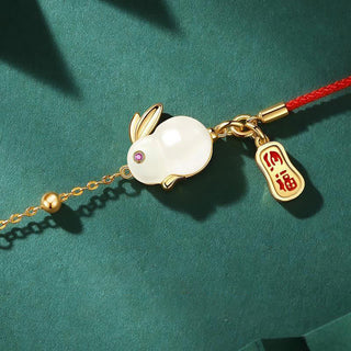 Buddha Gift Year of the Rabbit White Jade Happiness Red String Chain Bracelet