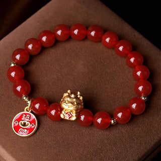 Buddha Gift Year of the Dragon Natural Red Agate Copper Coin Attract Fortune Bracelet