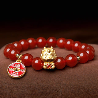 Buddha Gift Year of the Dragon Natural Red Agate Copper Coin Attract Fortune Bracelet