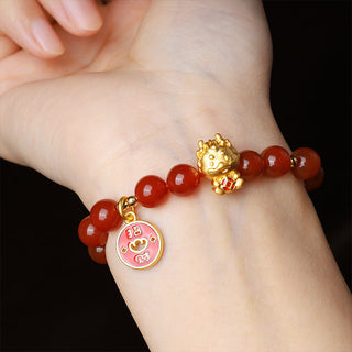 Buddha Gift Year of the Dragon Natural Red Agate Copper Coin Attract Fortune Bracelet