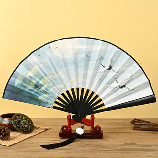 Buddha Gift Dragon Phoenix Tiger Crane Eagle Wolf Koi Fish Handheld Folding Fan Lotus Tassel Fan