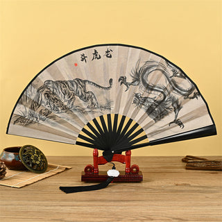 Buddha Gift Dragon Phoenix Tiger Crane Eagle Wolf Koi Fish Handheld Folding Fan Lotus Tassel Fan