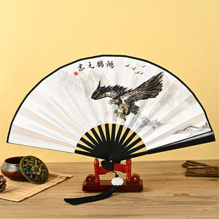 Buddha Gift Dragon Phoenix Tiger Crane Eagle Wolf Koi Fish Handheld Folding Fan Lotus Tassel Fan