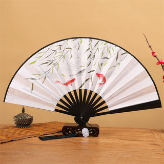 Buddha Gift Dragon Phoenix Tiger Crane Eagle Wolf Koi Fish Handheld Folding Fan Lotus Tassel Fan