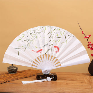 Buddha Gift Dragon Phoenix Tiger Crane Eagle Wolf Koi Fish Handheld Folding Fan Lotus Tassel Fan