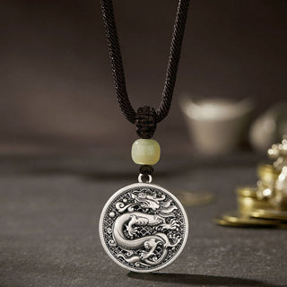 Buddha Gift 999 Sterling Silver Year of the Dragon Fu Character Hetian Jade Success Necklace Pendant