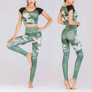 Buddha Gift 2Pcs Lotus Phoenix Spring Flowers Peacock Print Top Pants Sports Fitness Yoga Women's Yoga Sets