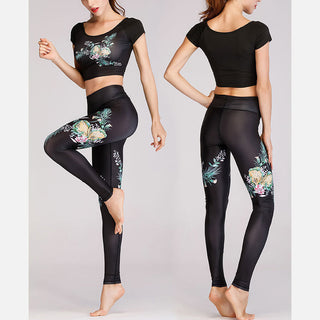 Buddha Gift 2Pcs Lotus Phoenix Spring Flowers Peacock Print Top Pants Sports Fitness Yoga Women's Yoga Sets