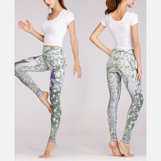 Buddha Gift 2Pcs Lotus Phoenix Spring Flowers Peacock Print Top Pants Sports Fitness Yoga Women's Yoga Sets