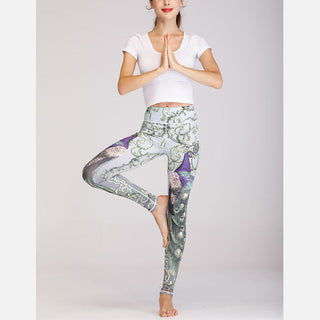 Buddha Gift 2Pcs Lotus Phoenix Spring Flowers Peacock Print Top Pants Sports Fitness Yoga Women's Yoga Sets