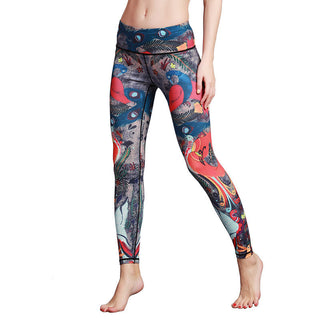 Buddha Gift Red Blue Peacock Feather Print Pants Sports Fitness Yoga Leggings Women's Yoga Pants