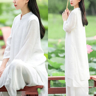 Buddha Gift 2Pcs White Tai Chi Meditation Yoga Zen Cotton Linen Clothing Top Pants Women's Set