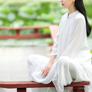 Buddha Gift 2Pcs White Tai Chi Meditation Yoga Zen Cotton Linen Clothing Top Pants Women's Set