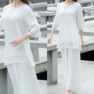 Buddha Gift 2Pcs Simple Design White Top Pants Meditation Yoga Zen Tai Chi Cotton Linen Clothing Women's Set