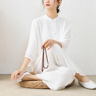 Buddha Gift 2Pcs Simple Chinese Frog Button Design Top Pants Meditation Yoga Zen Tai Chi Cotton Clothing Women's Set