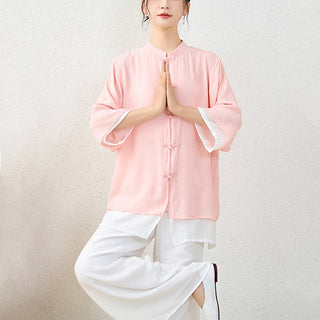 Buddha Gift 2Pcs Simple Chinese Frog Button Design Top Pants Meditation Yoga Zen Tai Chi Cotton Clothing Women's Set