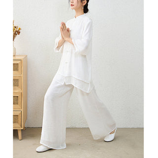 Buddha Gift 2Pcs Simple Chinese Frog Button Design Top Pants Meditation Yoga Zen Tai Chi Cotton Clothing Women's Set