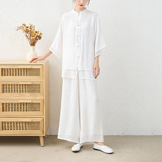 Buddha Gift 2Pcs Simple Chinese Frog Button Design Top Pants Meditation Yoga Zen Tai Chi Cotton Clothing Women's Set