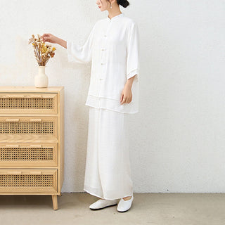 Buddha Gift 2Pcs Simple Chinese Frog Button Design Top Pants Meditation Yoga Zen Tai Chi Cotton Clothing Women's Set