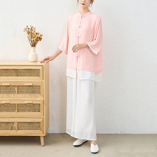 Buddha Gift 2Pcs Simple Chinese Frog Button Design Top Pants Meditation Yoga Zen Tai Chi Cotton Clothing Women's Set