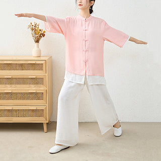 Buddha Gift 2Pcs Simple Chinese Frog Button Design Top Pants Meditation Yoga Zen Tai Chi Cotton Clothing Women's Set