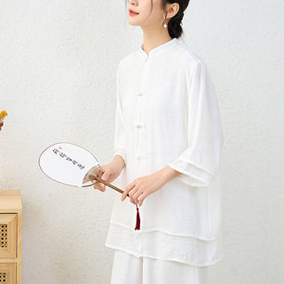 Buddha Gift 2Pcs Simple Chinese Frog Button Design Top Pants Meditation Yoga Zen Tai Chi Cotton Clothing Women's Set